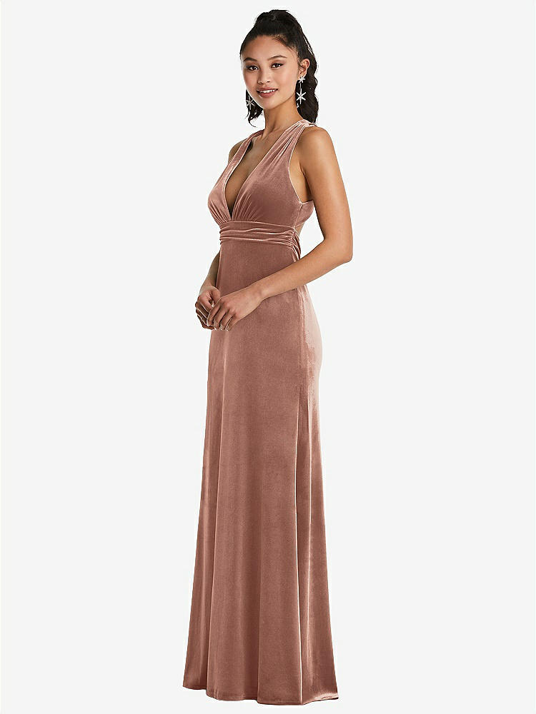 【STYLE: TH082】Plunging Neckline Velvet Maxi Dress with Criss Cross Open-Back【COLOR: Tawny Rose】