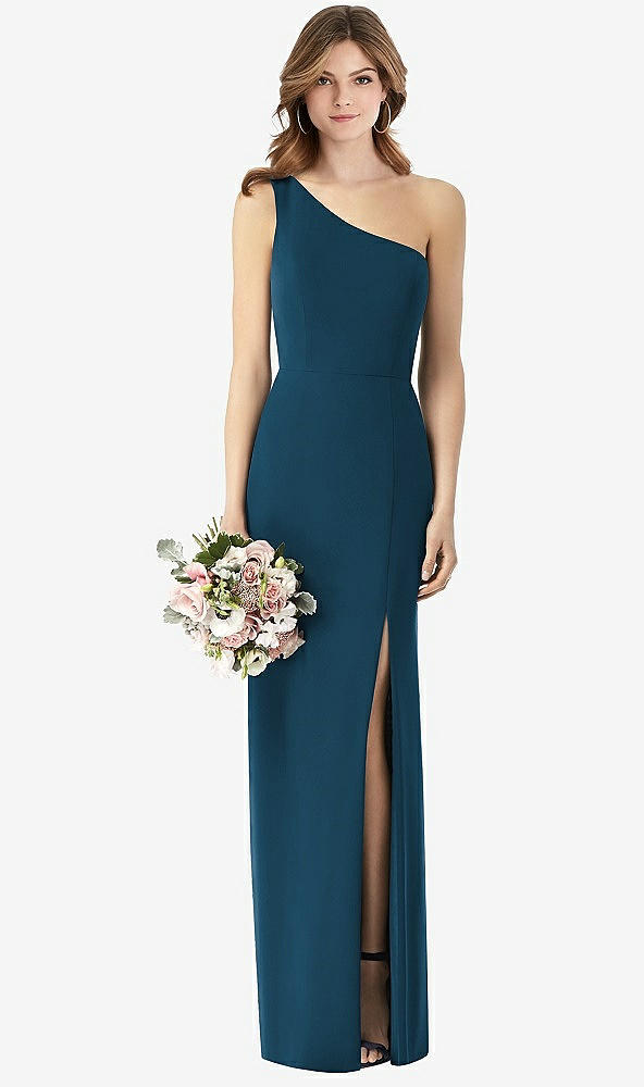 【STYLE: TH087】One-Shoulder Crepe Trumpet Gown with Front Slit【COLOR: Atlantic Blue】