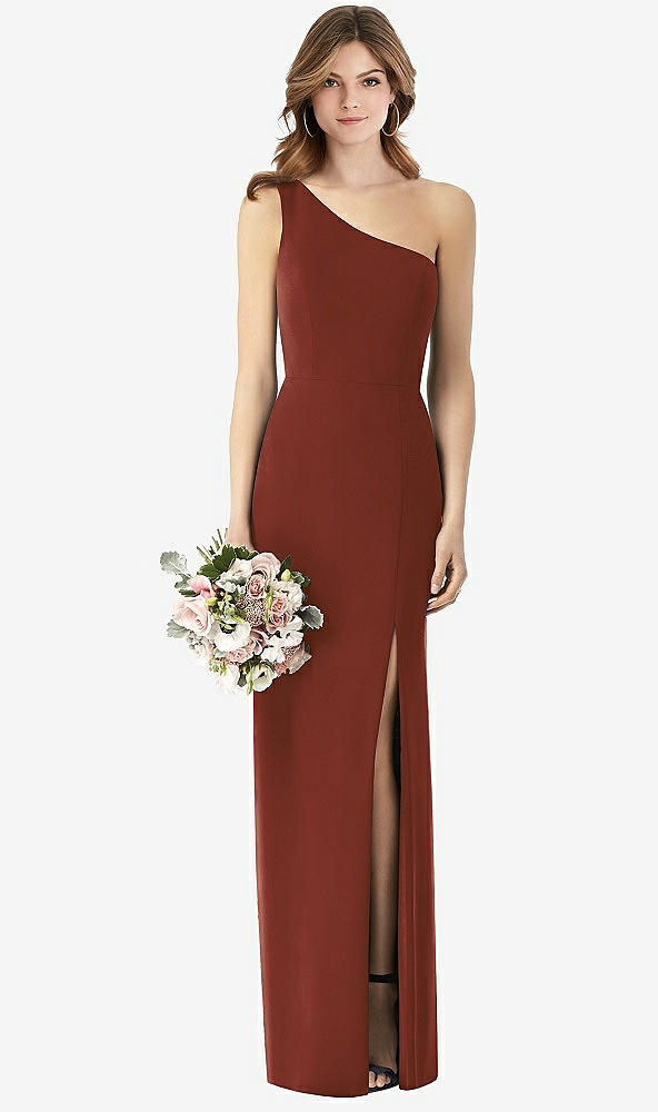 【STYLE: TH087】One-Shoulder Crepe Trumpet Gown with Front Slit【COLOR: Auburn Moon】