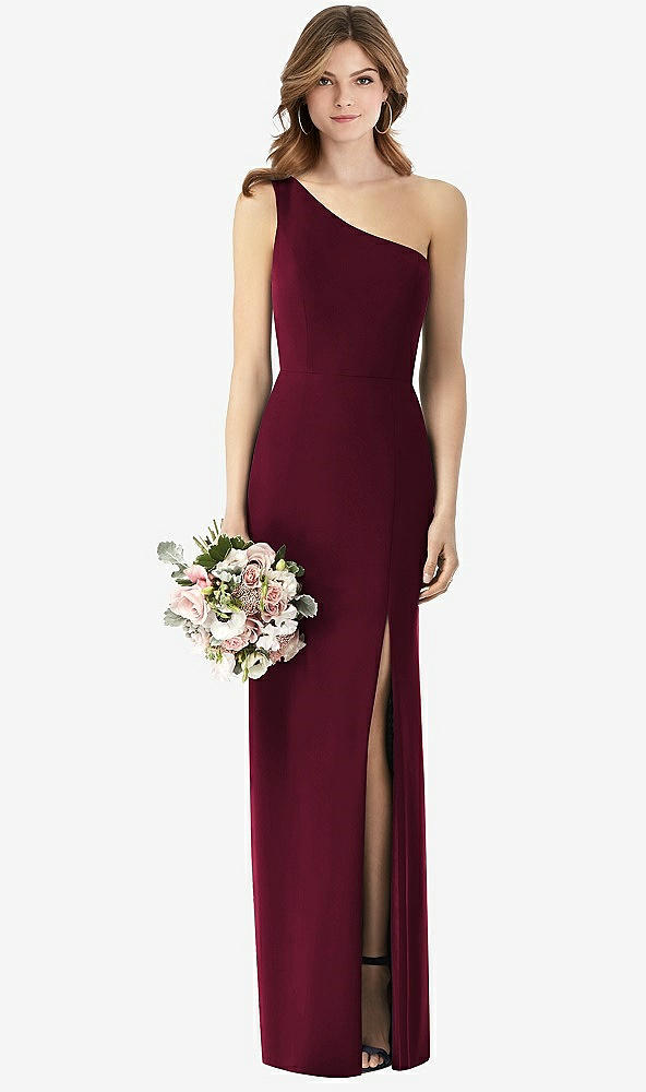 【STYLE: TH087】ワンショルダー クレープ トランペット ガウン 前面 スリット【COLOR: Cabernet】【SIZE: 00-30W】