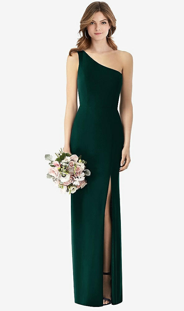 【STYLE: TH087】One-Shoulder Crepe Trumpet Gown with Front Slit【COLOR: Evergreen】