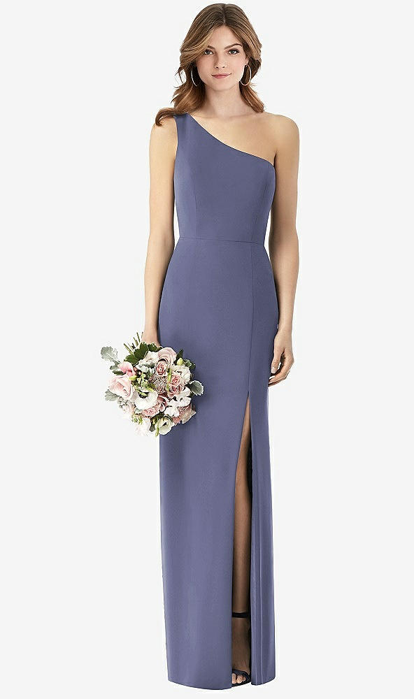 【STYLE: TH087】One-Shoulder Crepe Trumpet Gown with Front Slit【COLOR: French Blue】