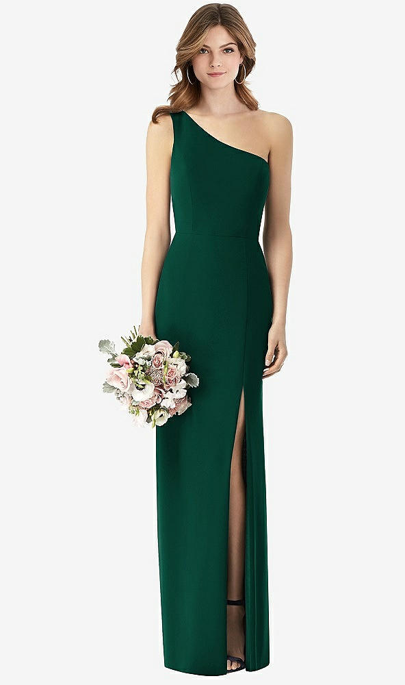 【STYLE: TH087】One-Shoulder Crepe Trumpet Gown with Front Slit【COLOR: Hunter Green】