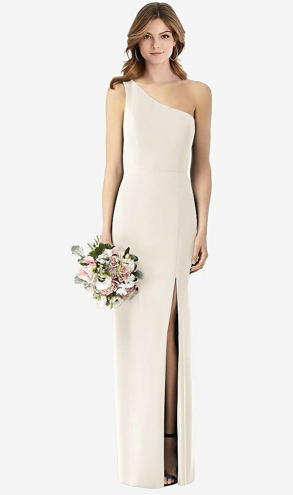【STYLE: TH087】One-Shoulder Crepe Trumpet Gown with Front Slit【COLOR: Ivory】