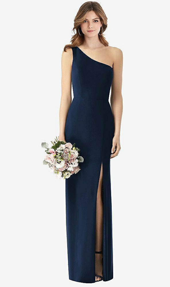【STYLE: TH087】One-Shoulder Crepe Trumpet Gown with Front Slit【COLOR: Midnight Navy】
