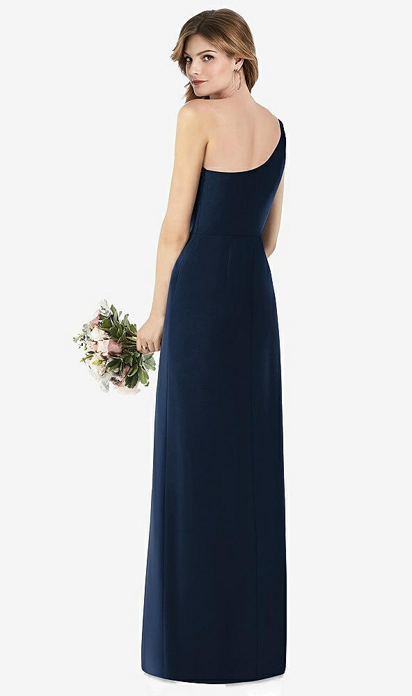 【STYLE: TH087】One-Shoulder Crepe Trumpet Gown with Front Slit【COLOR: Midnight Navy】