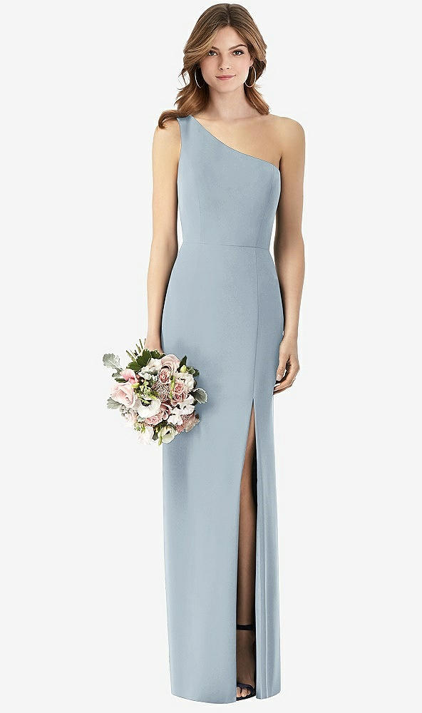 【STYLE: TH087】One-Shoulder Crepe Trumpet Gown with Front Slit【COLOR: Mist】
