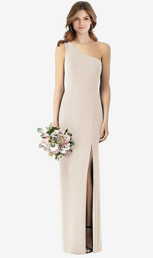 【STYLE: TH087】One-Shoulder Crepe Trumpet Gown with Front Slit【COLOR: Oat】