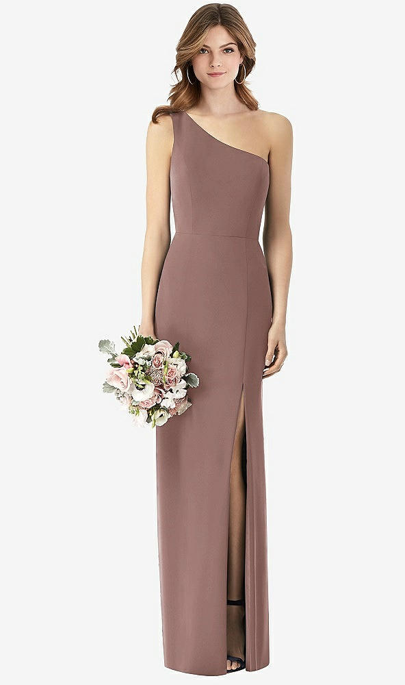 【STYLE: TH087】One-Shoulder Crepe Trumpet Gown with Front Slit【COLOR: Sienna】