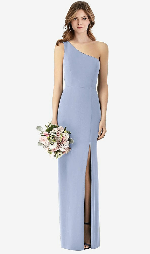 【STYLE: TH087】One-Shoulder Crepe Trumpet Gown with Front Slit【COLOR: Sky Blue】
