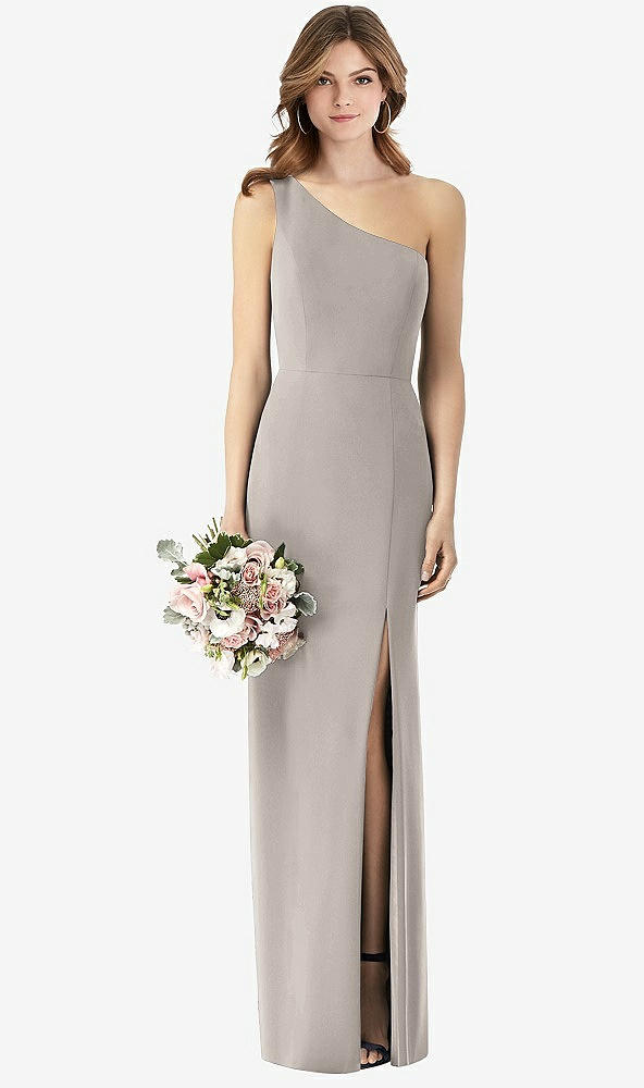 【STYLE: TH087】One-Shoulder Crepe Trumpet Gown with Front Slit【COLOR: Taupe】