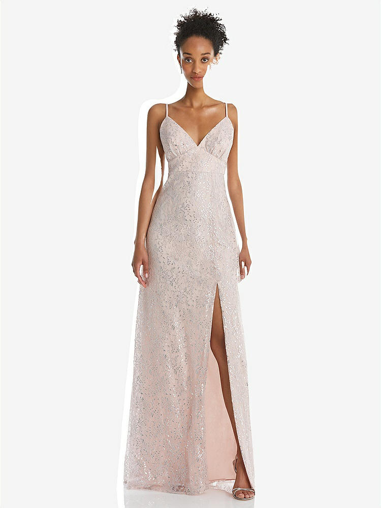 【STYLE: TH084】V-Neck Metallic Lace Maxi Dress with Adjustable Straps【COLOR: Blush】