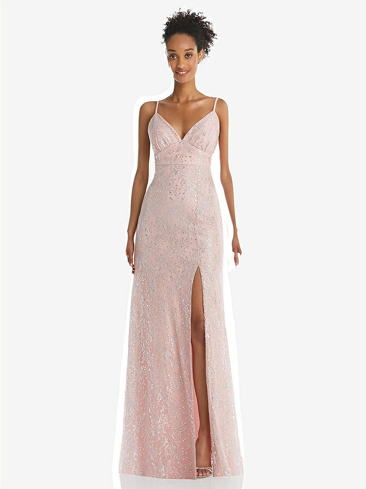 【STYLE: TH084】V-Neck Metallic Lace Maxi Dress with Adjustable Straps【COLOR: Rose - PANTONE Rose Quartz】