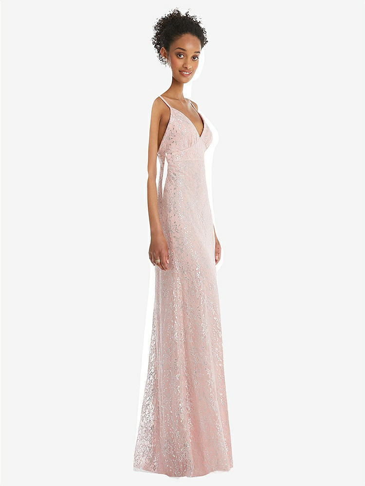 【STYLE: TH084】V-Neck Metallic Lace Maxi Dress with Adjustable Straps【COLOR: Rose - PANTONE Rose Quartz】