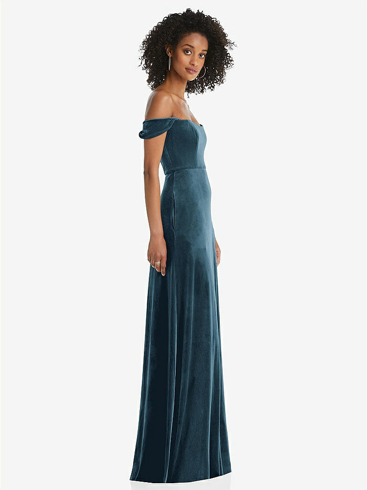 【STYLE: 1551】Off-the-Shoulder Flounce Sleeve Velvet Maxi Dress【COLOR: Dutch Blue】