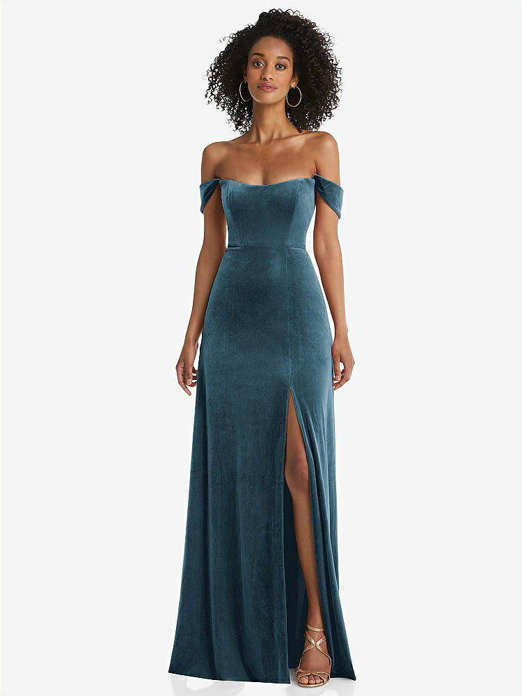 【STYLE: 1551】Off-the-Shoulder Flounce Sleeve Velvet Maxi Dress【COLOR: Dutch Blue】