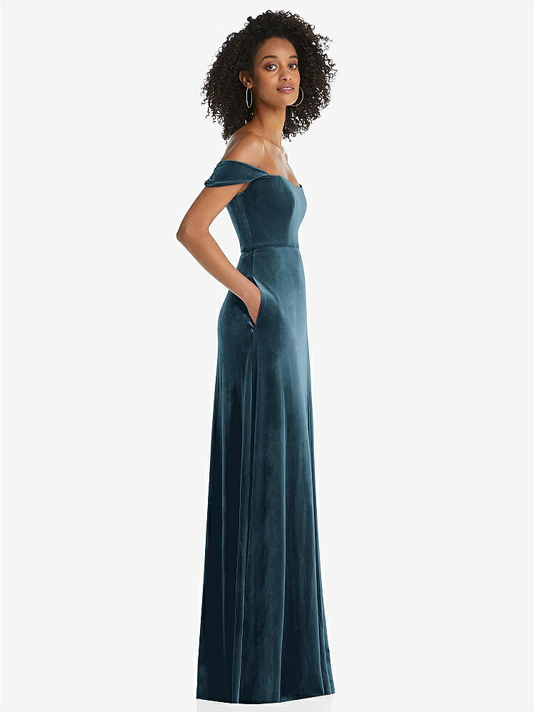【STYLE: 1551】Off-the-Shoulder Flounce Sleeve Velvet Maxi Dress【COLOR: Dutch Blue】