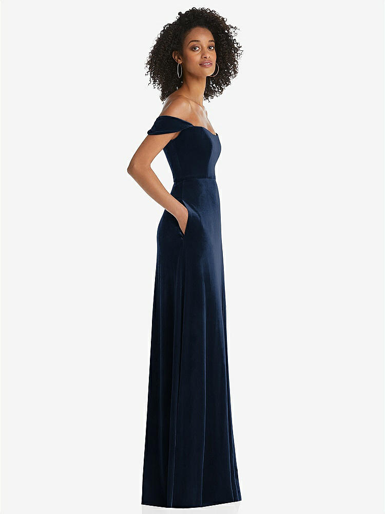 【STYLE: 1551】Off-the-Shoulder Flounce Sleeve Velvet Maxi Dress【COLOR: Midnight Navy】