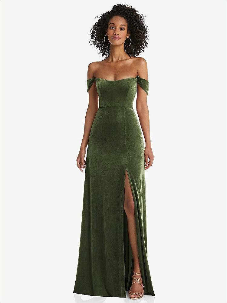【STYLE: 1551】Off-the-Shoulder Flounce Sleeve Velvet Maxi Dress【COLOR: Olive Green】