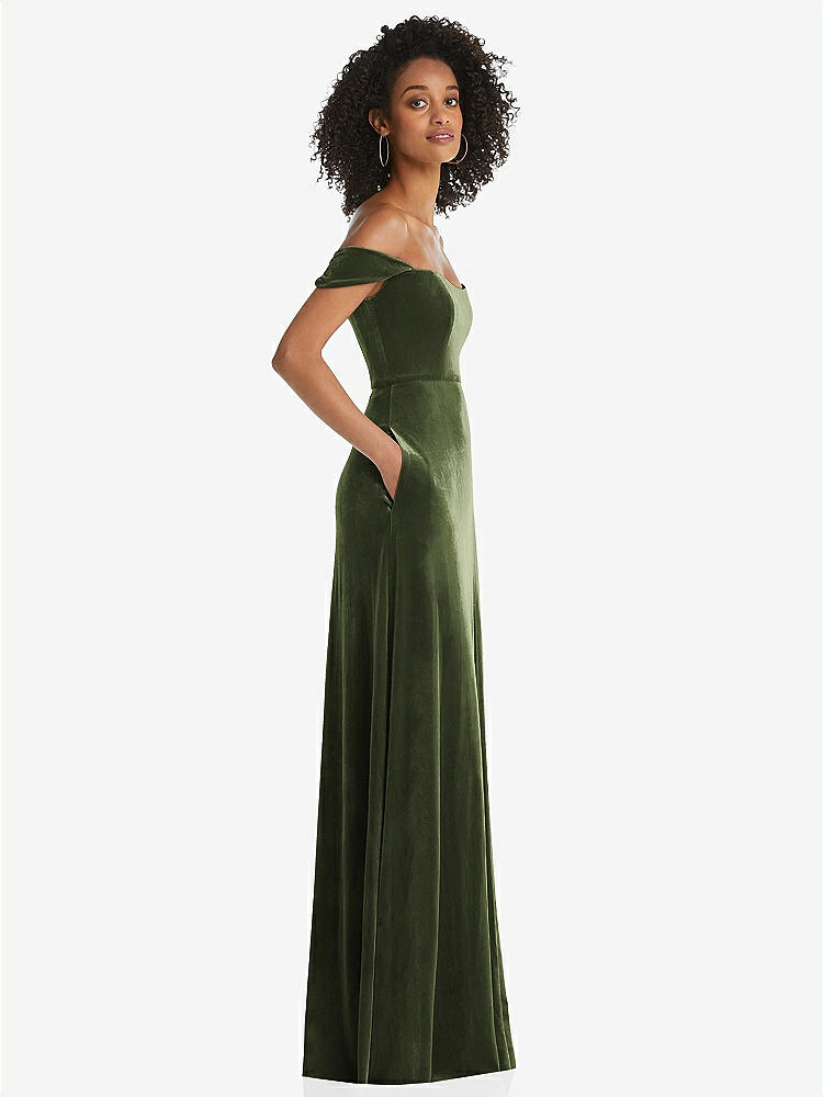 【STYLE: 1551】Off-the-Shoulder Flounce Sleeve Velvet Maxi Dress【COLOR: Olive Green】
