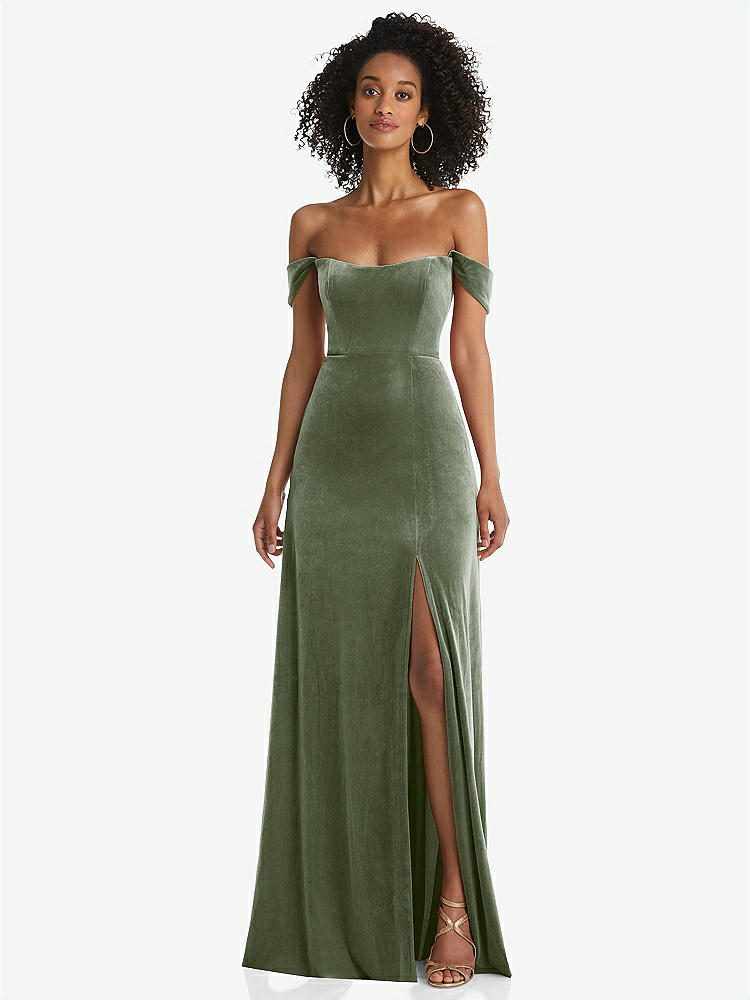 【STYLE: 1551】Off-the-Shoulder Flounce Sleeve Velvet Maxi Dress【COLOR: Sage】