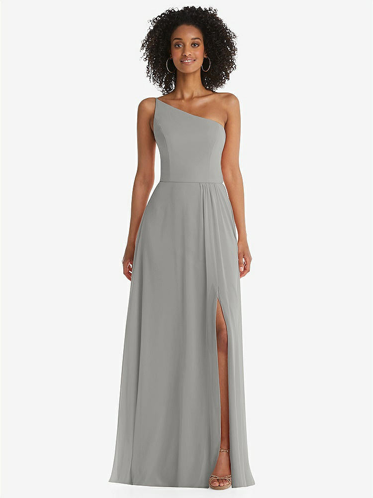 【STYLE: 1555】One-Shoulder Chiffon Maxi Dress with Shirred Front Slit【COLOR: Chelsea Gray】