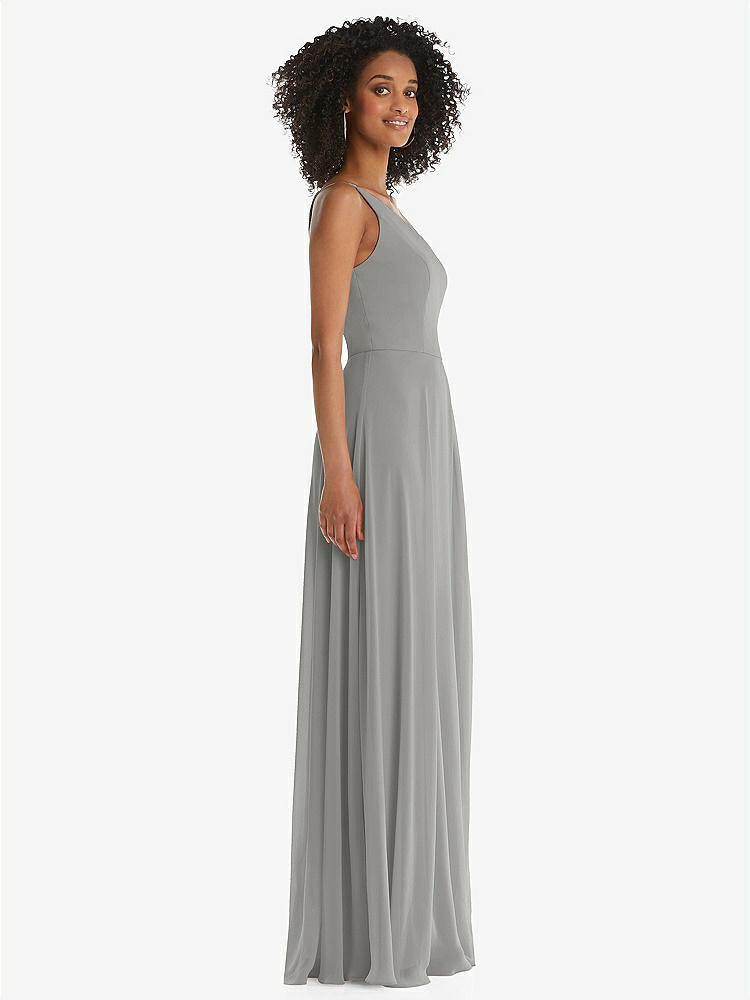 【STYLE: 1555】One-Shoulder Chiffon Maxi Dress with Shirred Front Slit【COLOR: Chelsea Gray】
