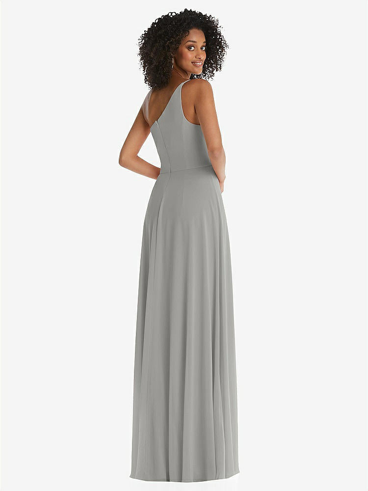 【STYLE: 1555】One-Shoulder Chiffon Maxi Dress with Shirred Front Slit【COLOR: Chelsea Gray】