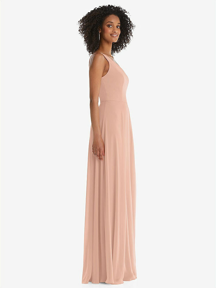【STYLE: 1555】One-Shoulder Chiffon Maxi Dress with Shirred Front Slit【COLOR: Pale Peach】