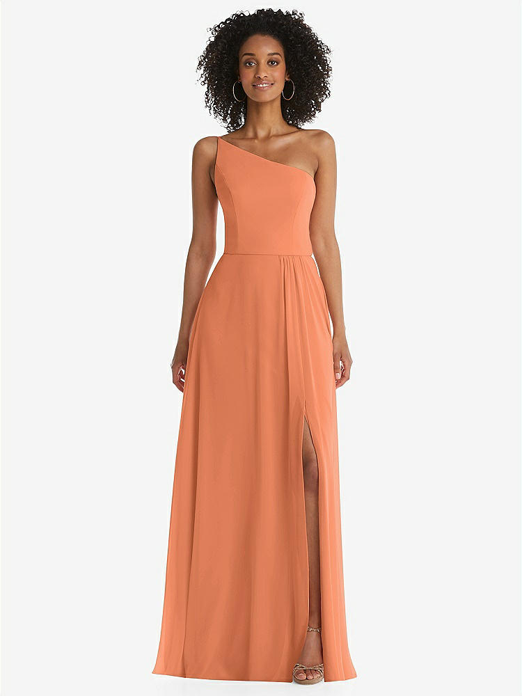 【STYLE: 1555】One-Shoulder Chiffon Maxi Dress with Shirred Front Slit【COLOR: Sweet Melon】