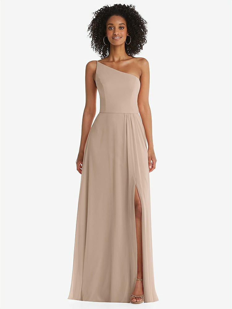 【STYLE: 1555】One-Shoulder Chiffon Maxi Dress with Shirred Front Slit【COLOR: Topaz】