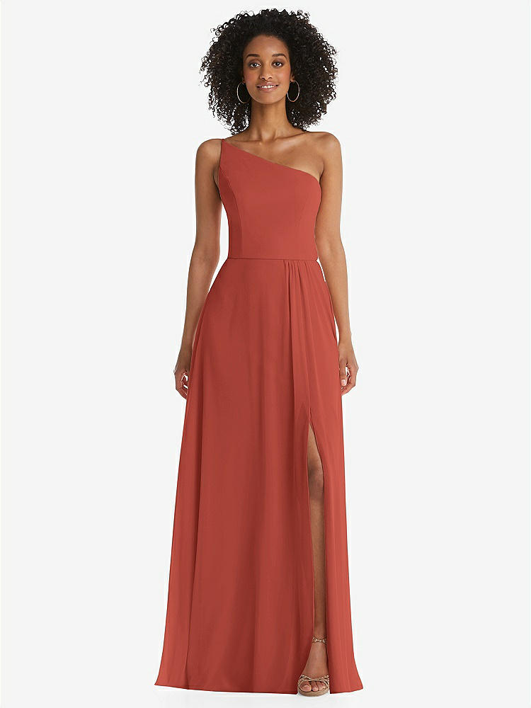 【STYLE: 1555】One-Shoulder Chiffon Maxi Dress with Shirred Front Slit【COLOR: Amber Sunset】