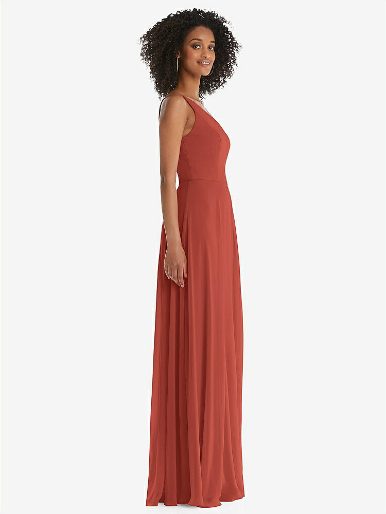 【STYLE: 1555】One-Shoulder Chiffon Maxi Dress with Shirred Front Slit【COLOR: Amber Sunset】