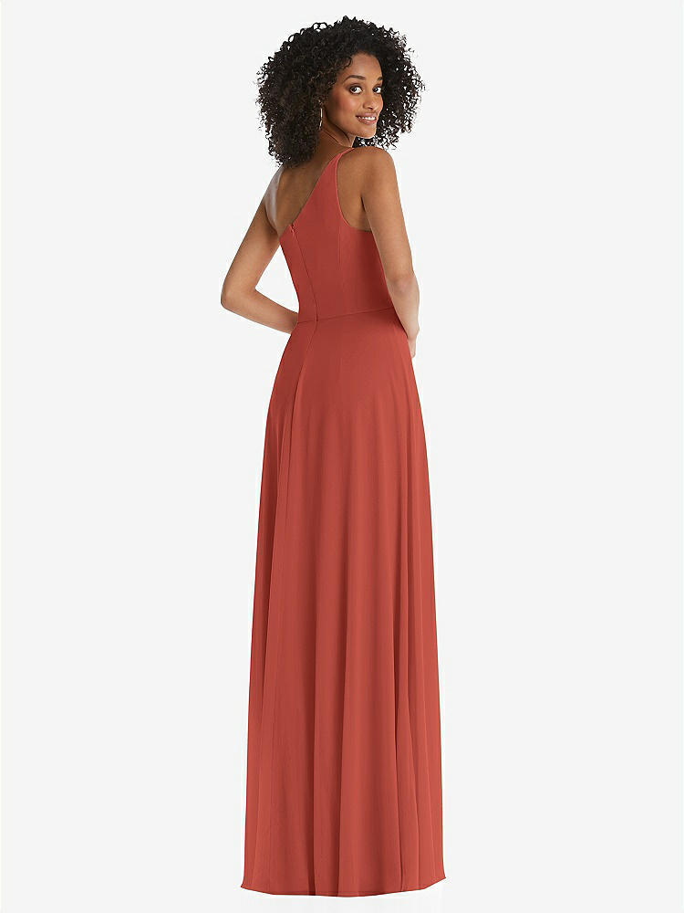 【STYLE: 1555】One-Shoulder Chiffon Maxi Dress with Shirred Front Slit【COLOR: Amber Sunset】