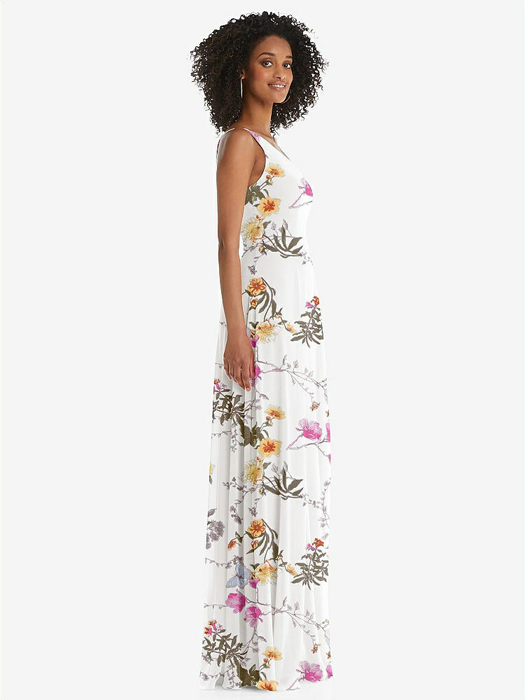 【STYLE: 1555】One-Shoulder Chiffon Maxi Dress with Shirred Front Slit【COLOR: Butterfly Botanica Ivory】