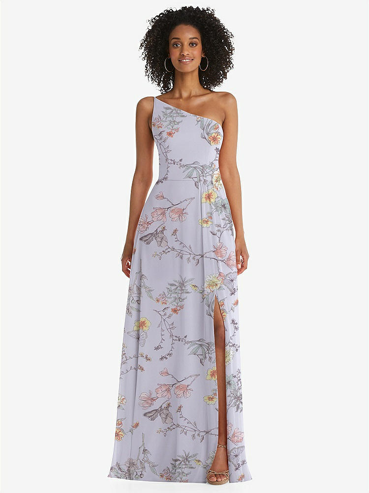【STYLE: 1555】One-Shoulder Chiffon Maxi Dress with Shirred Front Slit【COLOR: Butterfly Botanica Silver Dove】