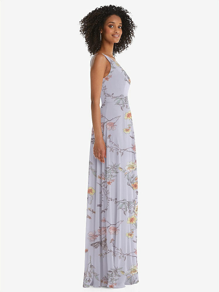 【STYLE: 1555】One-Shoulder Chiffon Maxi Dress with Shirred Front Slit【COLOR: Butterfly Botanica Silver Dove】