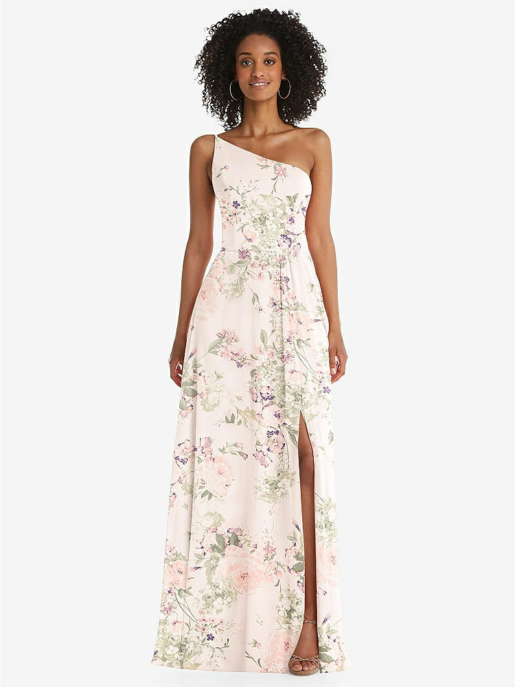 【STYLE: 1555】One-Shoulder Chiffon Maxi Dress with Shirred Front Slit【COLOR: Blush Garden】
