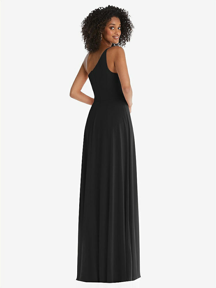 【STYLE: 1555】One-Shoulder Chiffon Maxi Dress with Shirred Front Slit【COLOR: Black】