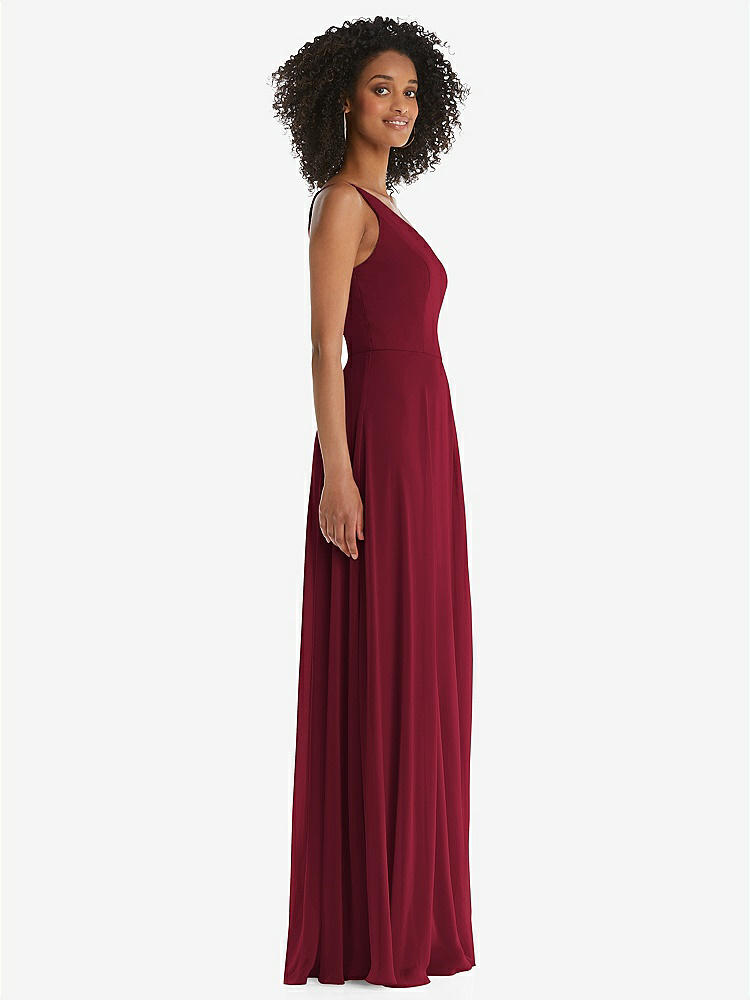 【STYLE: 1555】One-Shoulder Chiffon Maxi Dress with Shirred Front Slit【COLOR: Burgundy】