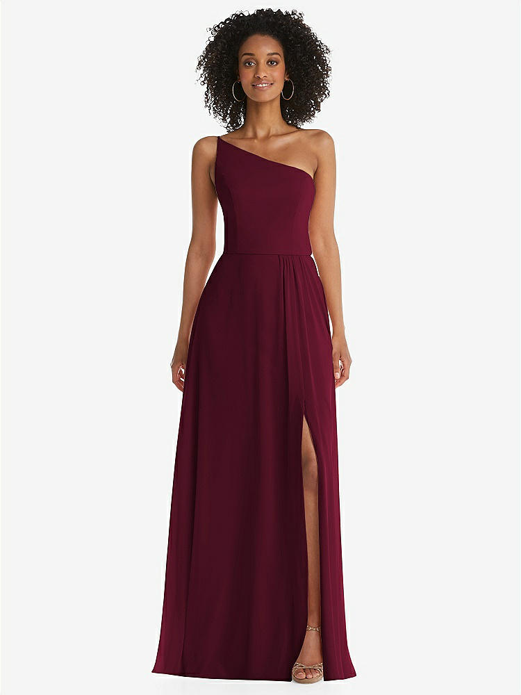 【STYLE: 1555】One-Shoulder Chiffon Maxi Dress with Shirred Front Slit【COLOR: Cabernet】