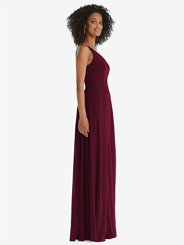 【STYLE: 1555】One-Shoulder Chiffon Maxi Dress with Shirred Front Slit【COLOR: Cabernet】