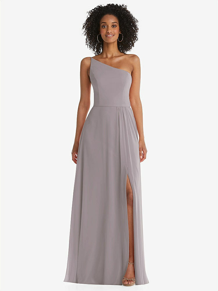 【STYLE: 1555】One-Shoulder Chiffon Maxi Dress with Shirred Front Slit【COLOR: Cashmere Gray】