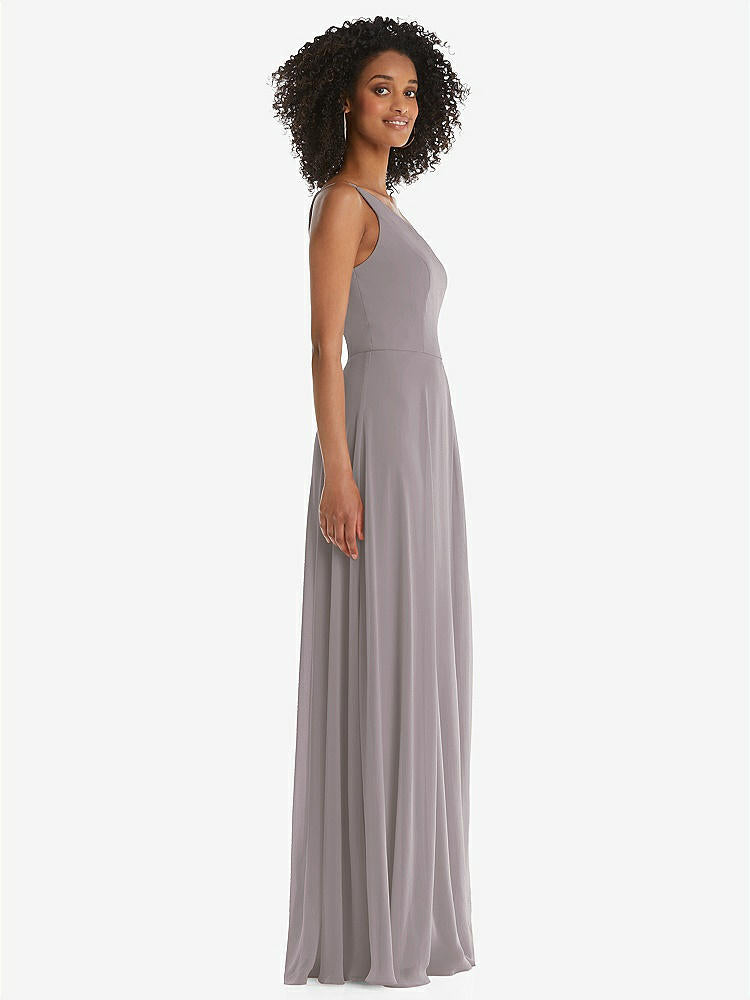 【STYLE: 1555】One-Shoulder Chiffon Maxi Dress with Shirred Front Slit【COLOR: Cashmere Gray】