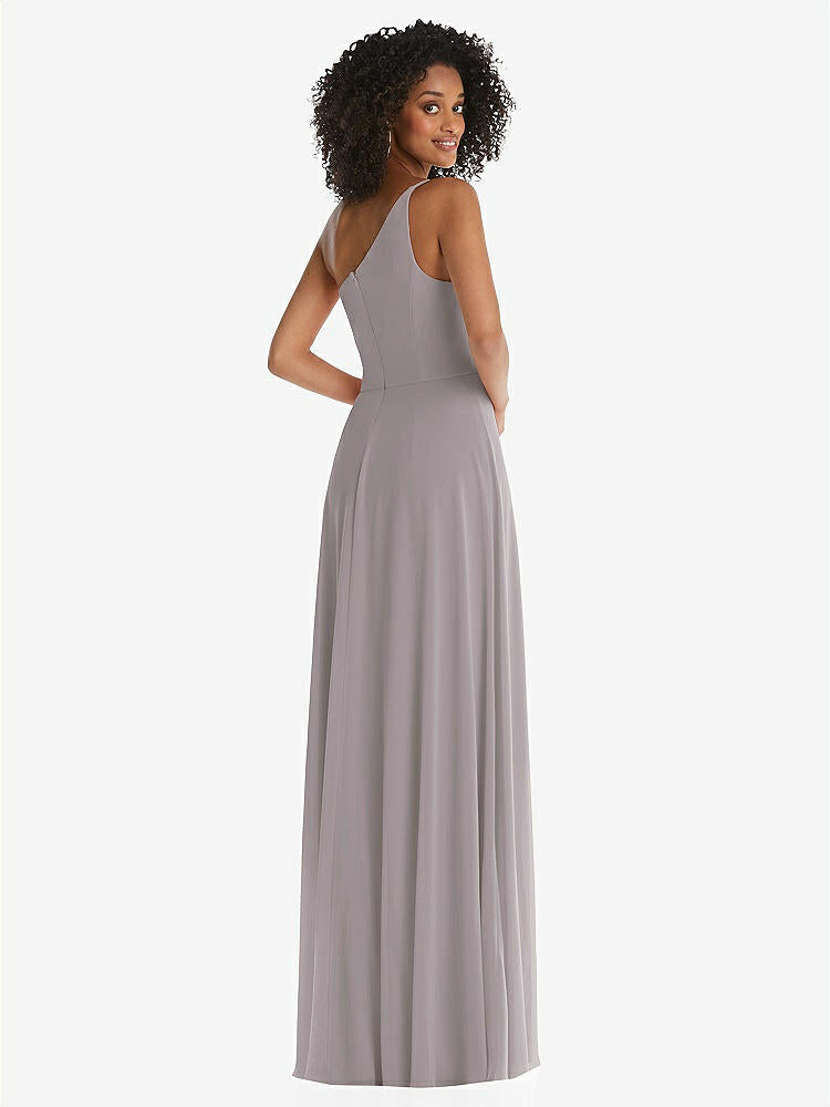 【STYLE: 1555】One-Shoulder Chiffon Maxi Dress with Shirred Front Slit【COLOR: Cashmere Gray】