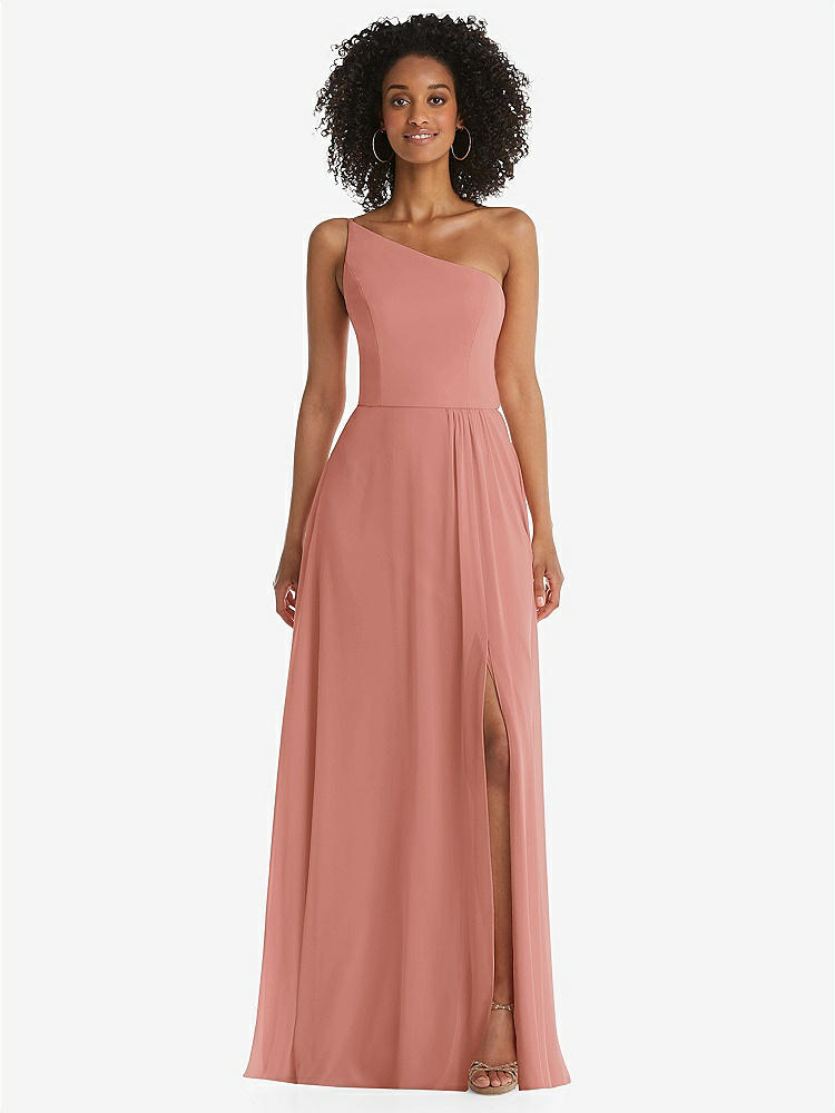 【STYLE: 1555】One-Shoulder Chiffon Maxi Dress with Shirred Front Slit【COLOR: Desert Rose】