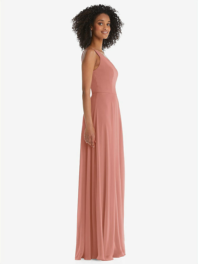 【STYLE: 1555】One-Shoulder Chiffon Maxi Dress with Shirred Front Slit【COLOR: Desert Rose】