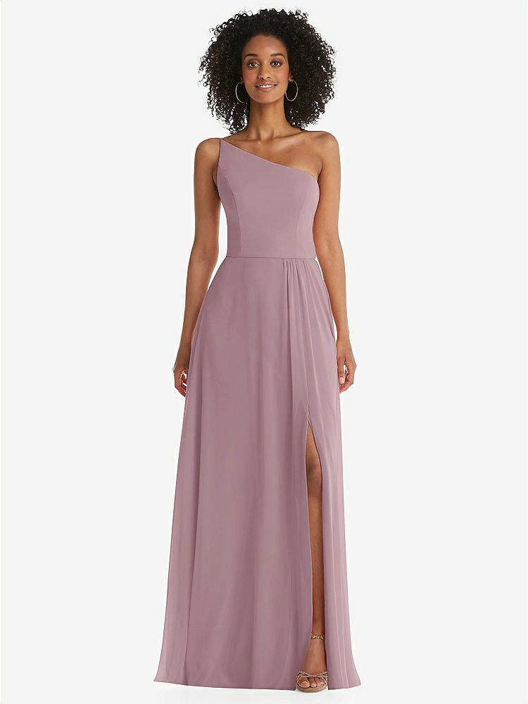 【STYLE: 1555】One-Shoulder Chiffon Maxi Dress with Shirred Front Slit【COLOR: Dusty Rose】