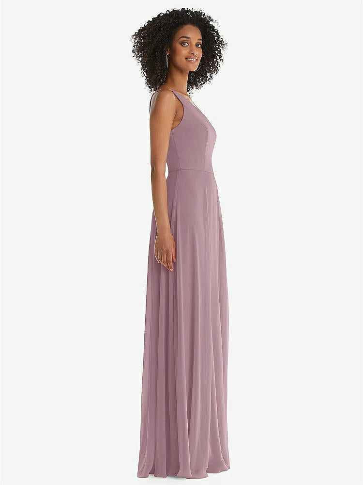 【STYLE: 1555】One-Shoulder Chiffon Maxi Dress with Shirred Front Slit【COLOR: Dusty Rose】