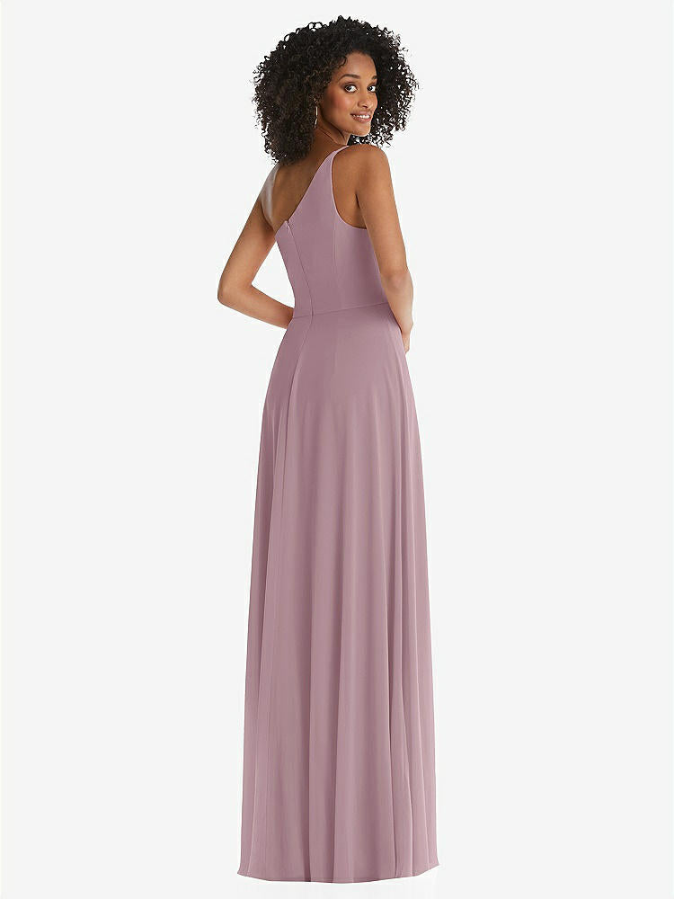 【STYLE: 1555】One-Shoulder Chiffon Maxi Dress with Shirred Front Slit【COLOR: Dusty Rose】